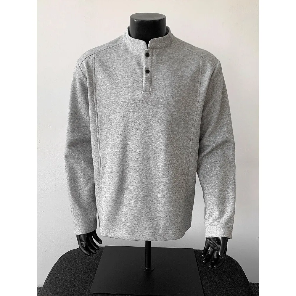 Men's Long Sleeve Fleece Lined Thickened Henry Collar T-shirt American Style Inner Wear Base Shirt Hoodie Casual Loose Fit