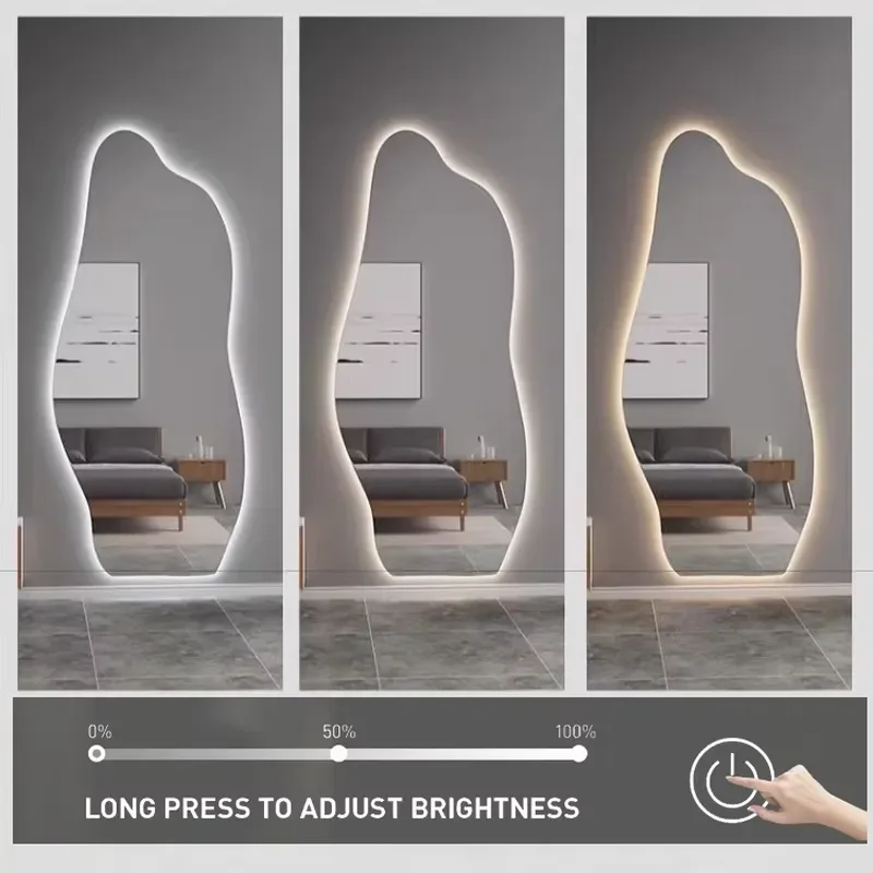 Modern Irregular Frameless LED Glass Full Body Length Floor Standing Mirror Wooden Stand Backlit Aesthetic Cloud Decorative
