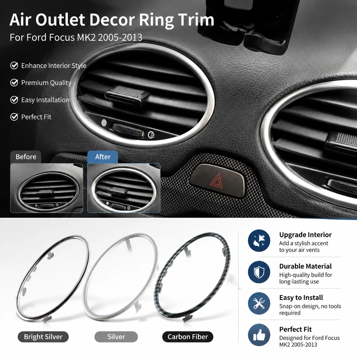 1PC/4Pcs Air Outlet Decor Ring Trim Sticker For Ford Focus MK2 2005-2013 Car Air Conditioning Vent Interior Accessory