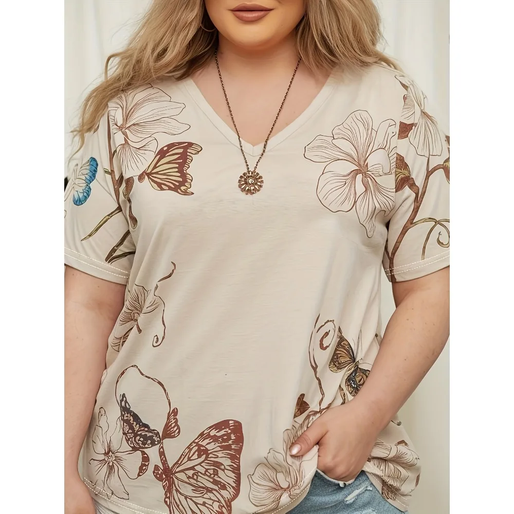

Плюс размер 1XL-5XL новая женская повседневная футболка с коротким рукавом женская модная нишевая модная повседневная футболка с v-образным вырезом и цветочным принтом