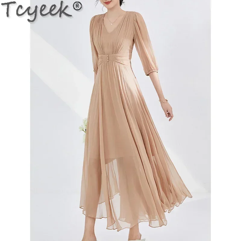 Tcyeek 100% Mulberry Silk Dress Elegant Women's Dresses Long Dresses for Women Clothes Fashion Summer Dress 2024 Vestido Mujer