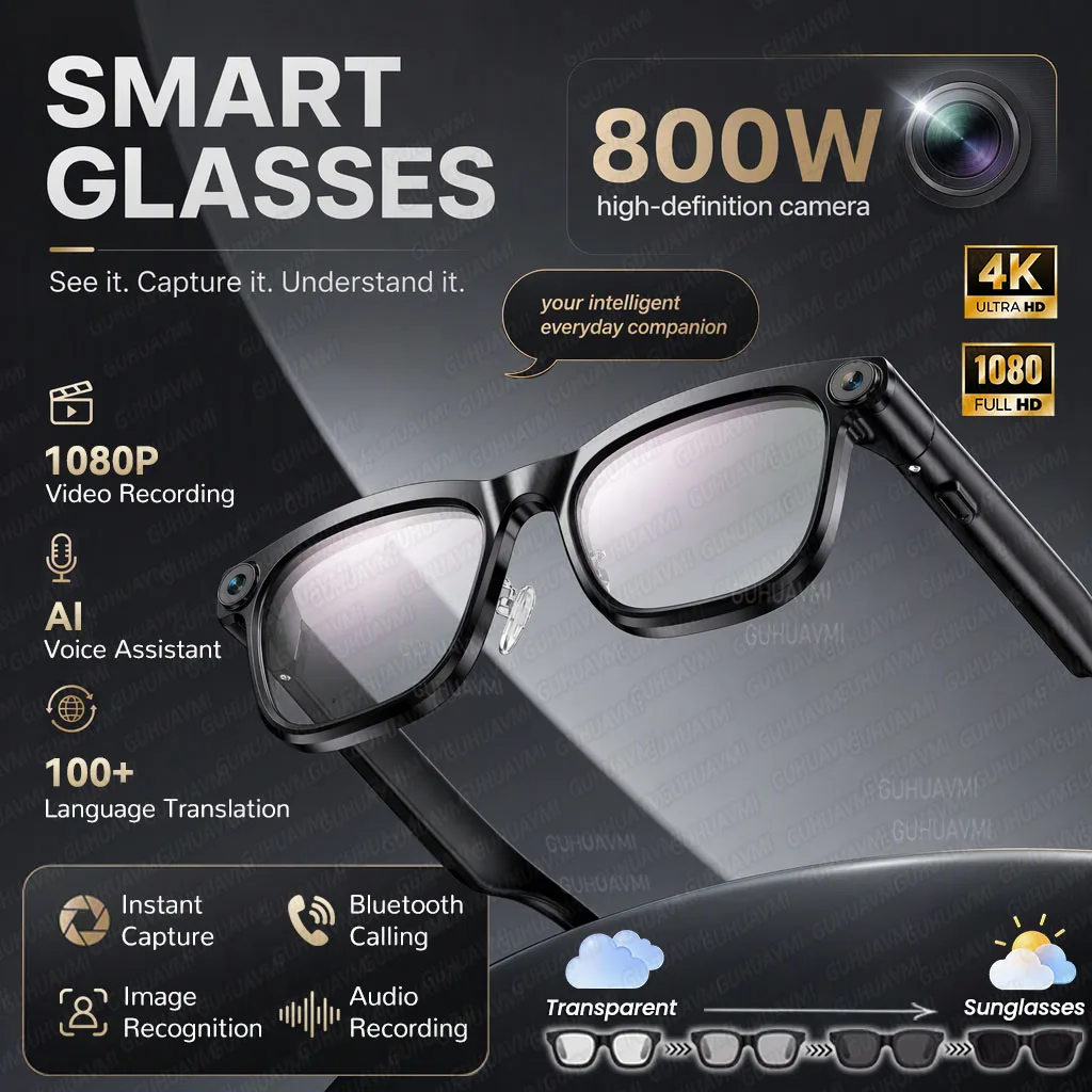 2026 TOP1 Smart Glasses Men Women 8MP Anti-shake Camera 4K POV Video Audio Recording AI Translation ChatGPT Color change Glasses