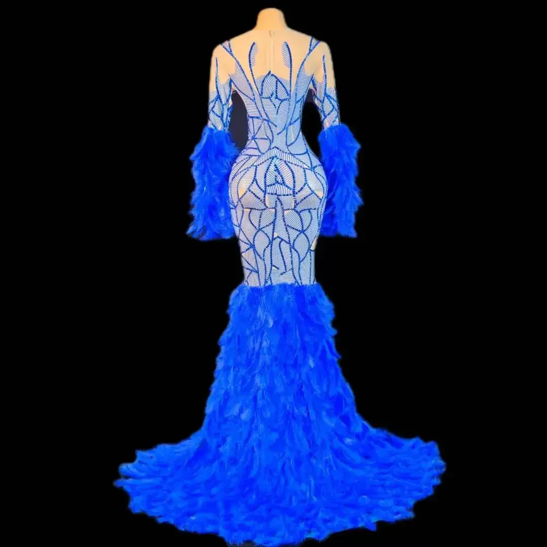 Sparkly Vrouwen Lange Jurk Met Veer Sexy Elegante Bruiloft Verjaardag Avondjurken Strass Drag Queen Outfit