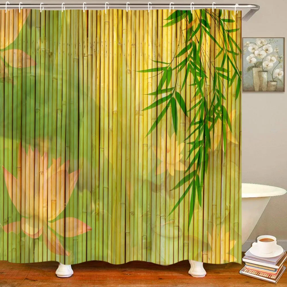 

Vintage Bamboo Shower Curtain Farm Botanical Leaf Lotus Flower Ink Art Brick Wall Zen Polyester Fabric Bathroom Decor Curtain