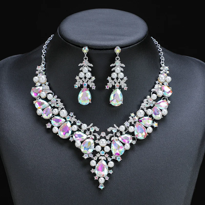 

Bride Crystal Necklace Earrings Set 4 Colors Bridesmaid Wedding Jewellry Two Pieces Pearl Necklace Prom Costume Jewelry Sets