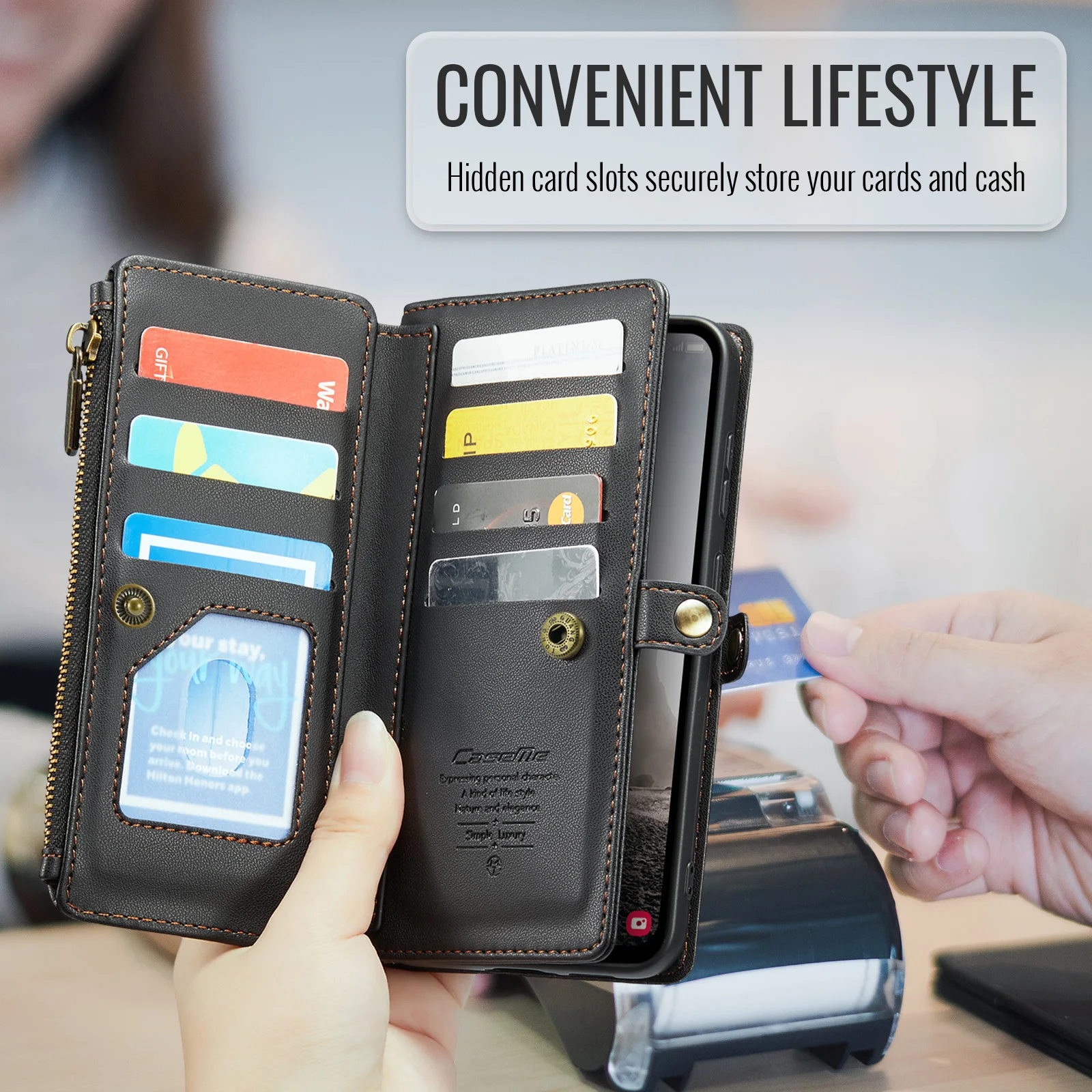 

Caseme-C36 For Samsung Galaxy A17 Wallet Case Multifunctional Zipper Card Cases Money Bag Card Slots Full Protect Cover 2 Straps