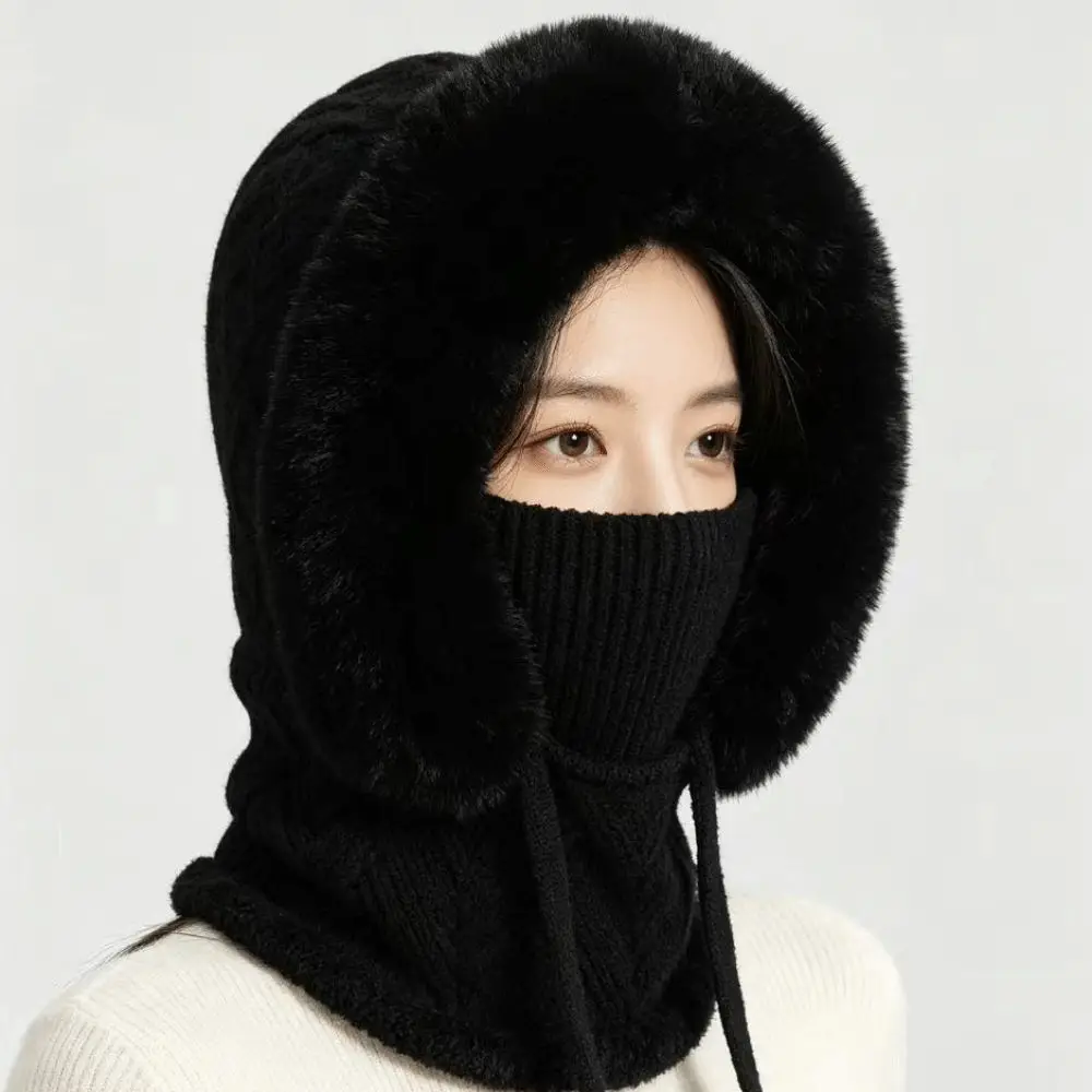 Trim Winter Thick Hat Ear Coverage Drawstring Women's Knitted Ear Protectors Scarf Diamond Pattern Warm Lining