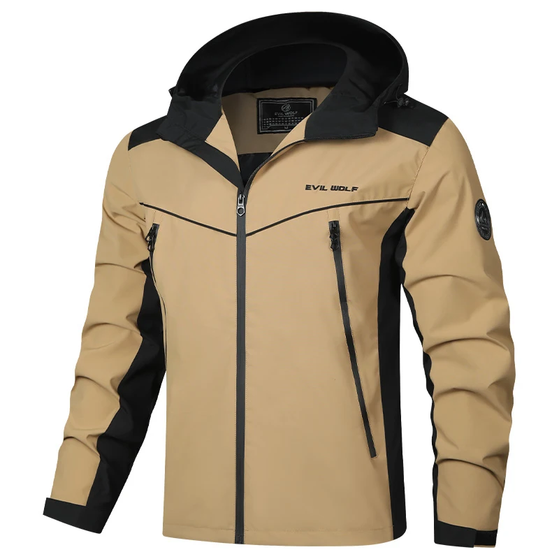 Spring Autumn Men's Hiking Jacket Color Block Hooded Windproof Waterproof Outdoor Hiking Camping Coat Zipper Pocket Windbreaker