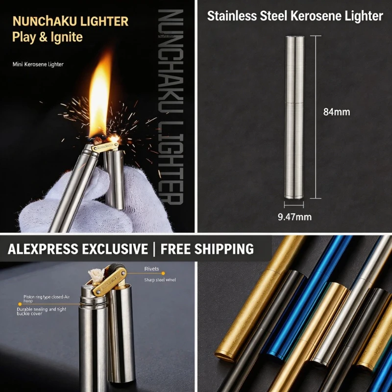 

Handcrafted Mini Nunchaku Lighter, Solid Brass Build, Smooth Grinding Wheel Ignition, Windproof Novelty Smoking Accessory for