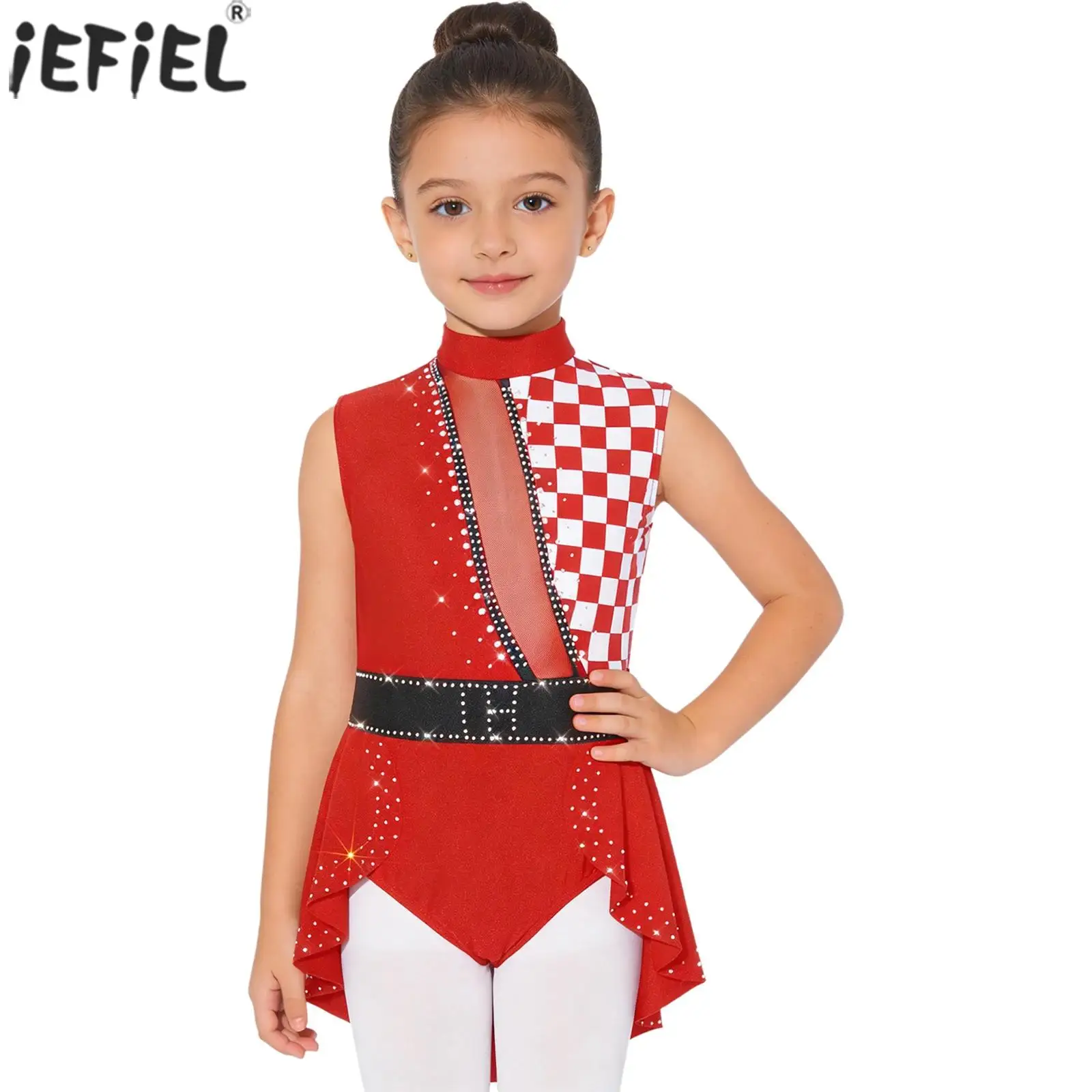 Girls Circus Clown Costume Ballet Dance Gymnastic Bodysuit Sleeveless Shiny Rhinestones Overlay Leotard for Carnival Performance