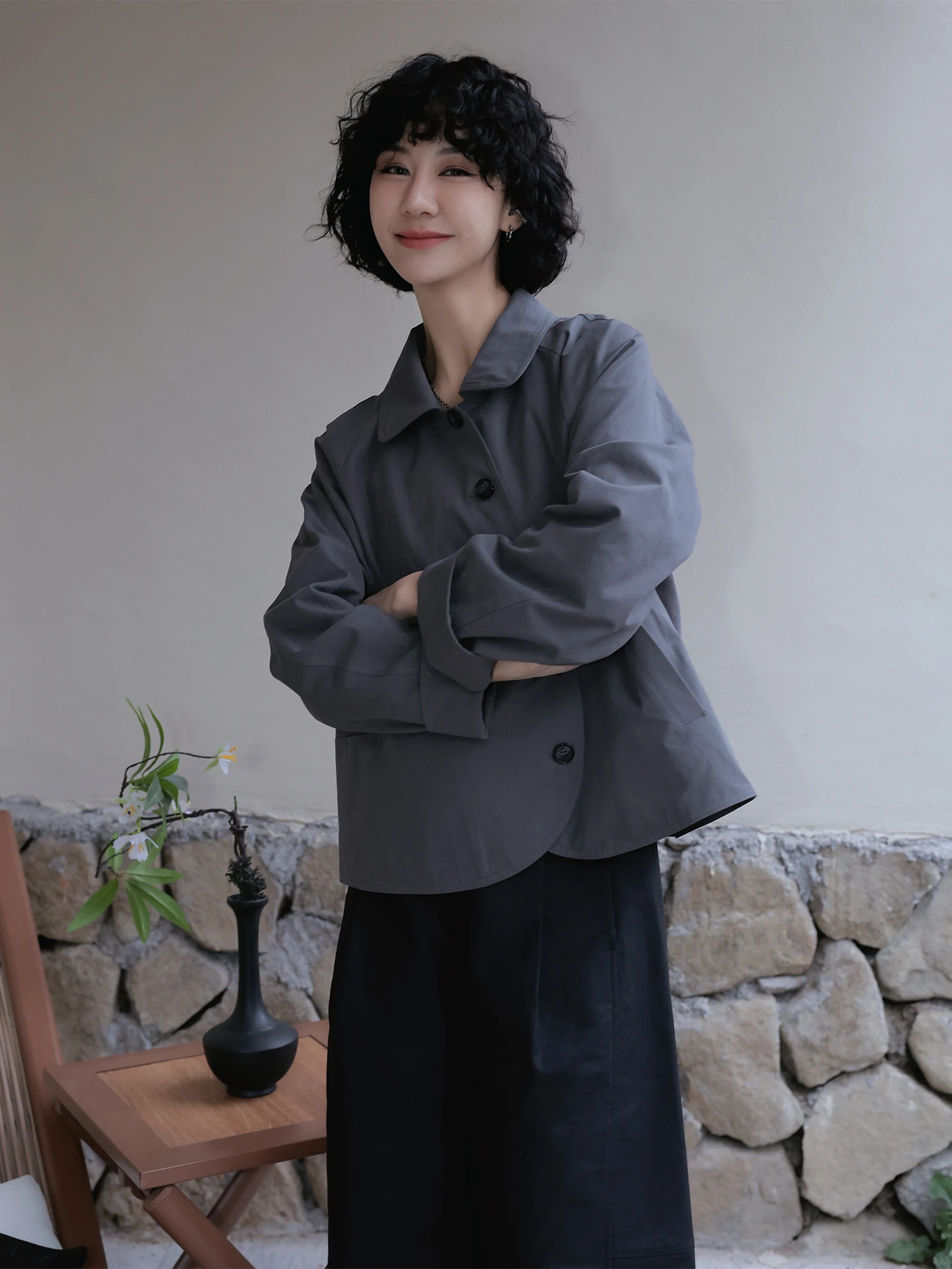 

Modern Loose Fit Pure Cotton Jaet Collar Women's Spring Outerwear Straight Tube pe Long Sve Button Detail