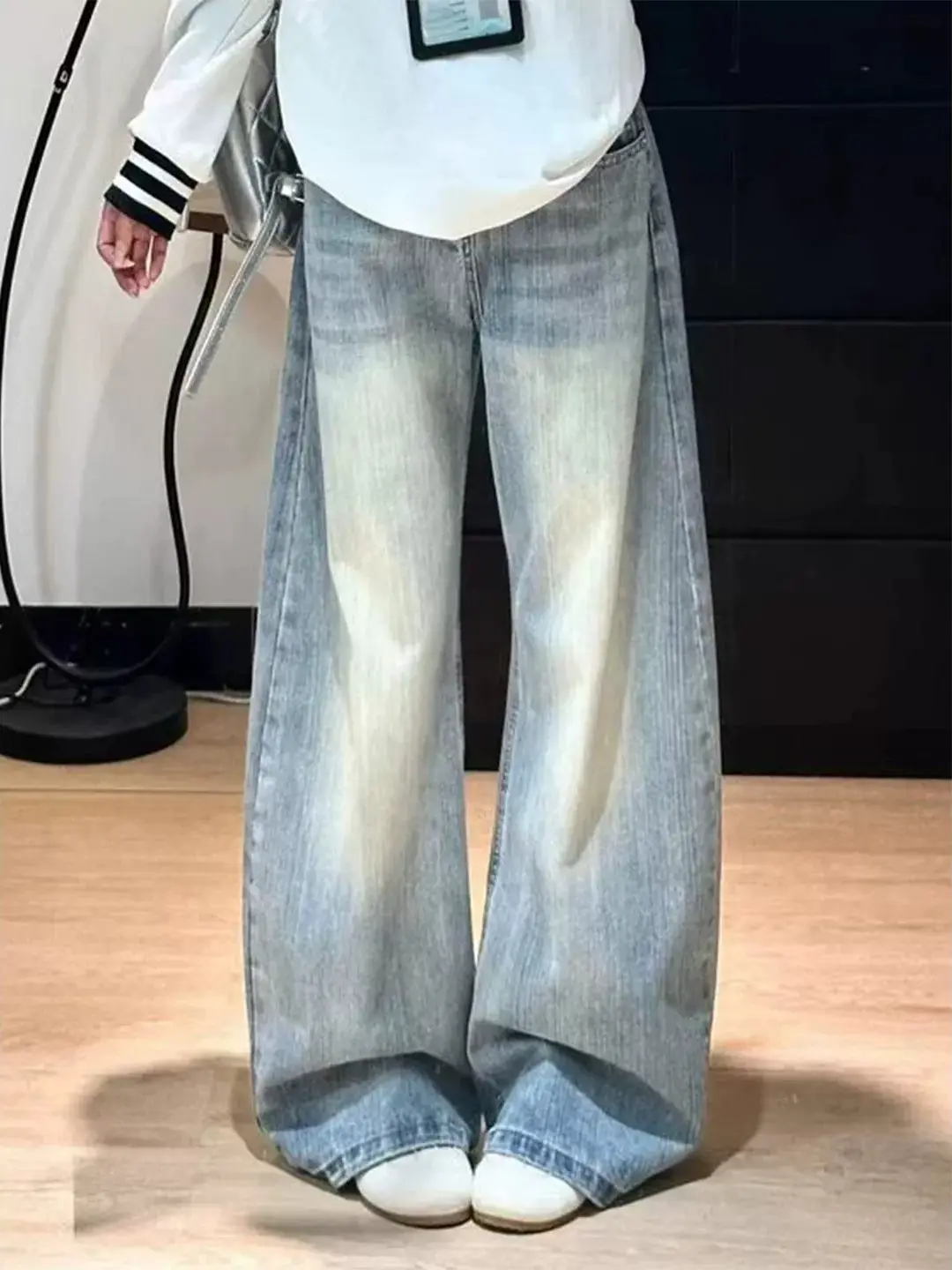 Light Blue Bamboo Knot Pattern Wide Leg Jeans Men Women Autumn Drape Loose Straight Cut Jeans American Style Bell Bottoms