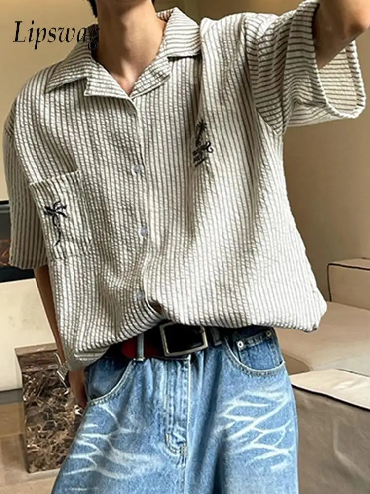 

Outdoor Casual Mens Short Sleeve Shirts Summer Vintage Button-up Turn-down Collar Shirt Men Fashionable Striped Textured Shirts