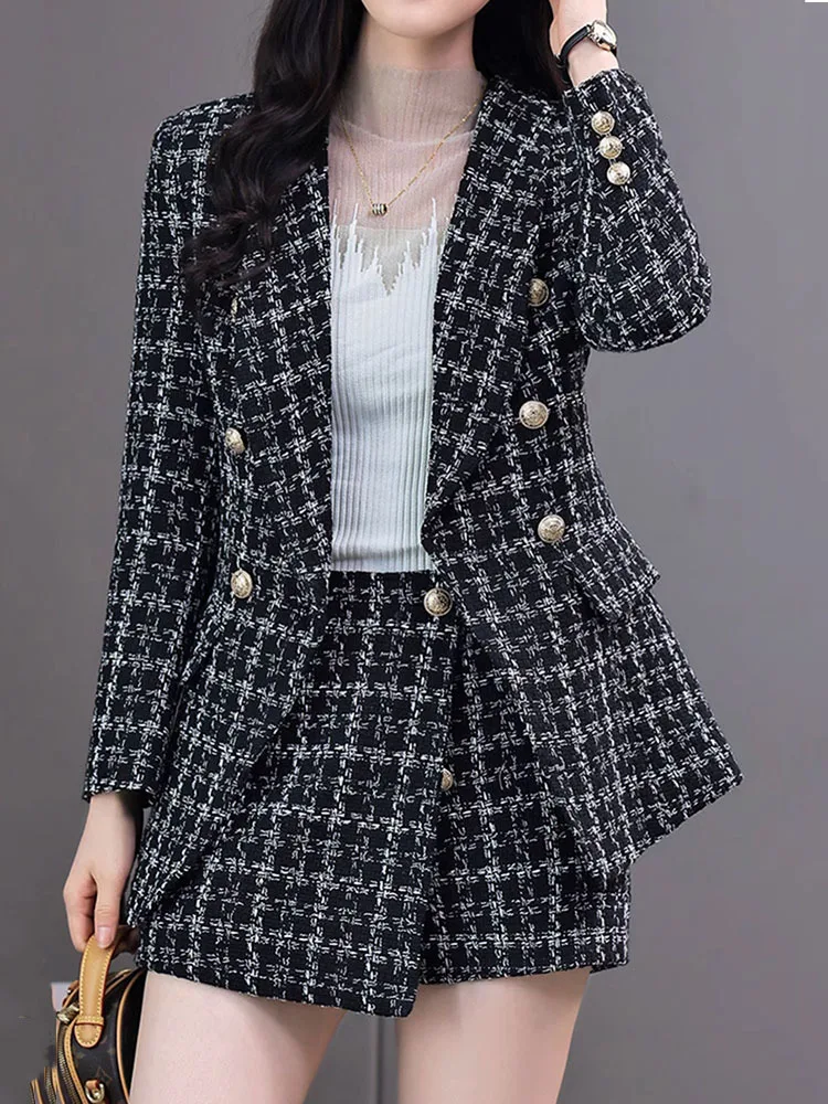 Women Pants Suit Plaid Double Breasted Short Skirt Set Fashion Casual Women Set for Office Lady  Form party chandal mujer