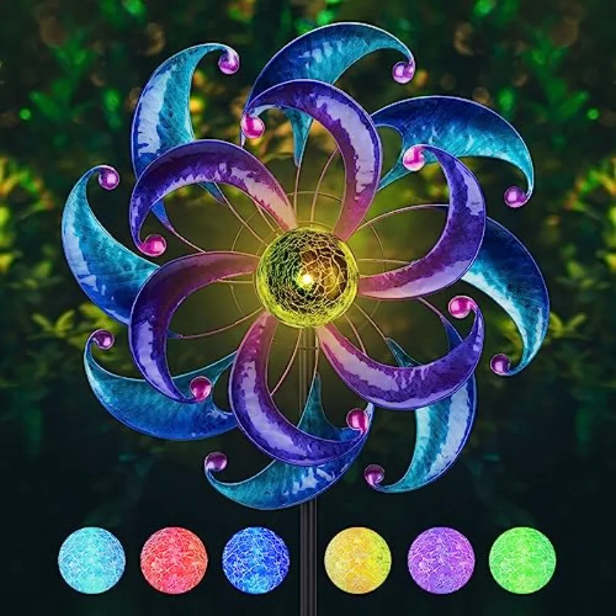 

Wind Spinners for Yard and Garden-Solar Wind Spinners - 61 Inch Blue Wind Sculptures Spinners with LED Changing Light Glass Bal