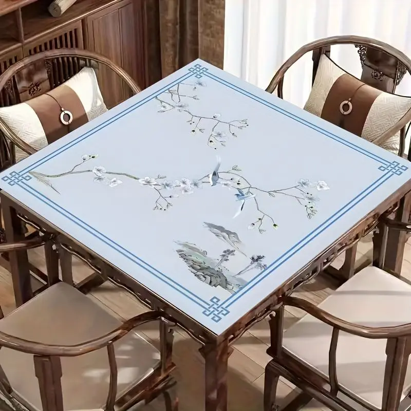 VIKAMA Light Blue Floral Chinese Style Mahjong Table Mat Square Non Slip Card Game Pad Vintage Oriental Indoor Desk Decor Mat