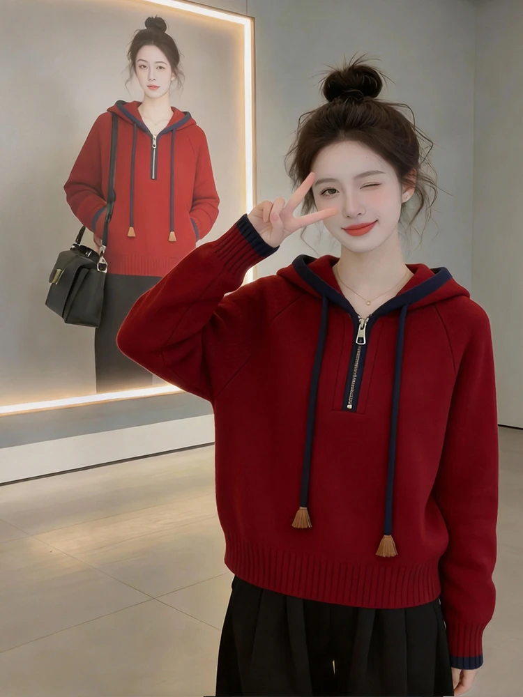 

Ele Anti-Aging Hooded Sweater Women's Spring 2026 Trendy Dstring Knitted Top Korean Sle Loose Fit Long Sve