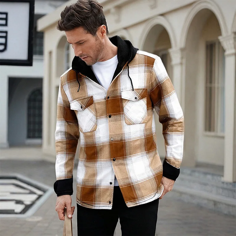 Outono e inverno com capuz xadrez casual masculino de manga comprida camisa quente de inverno
