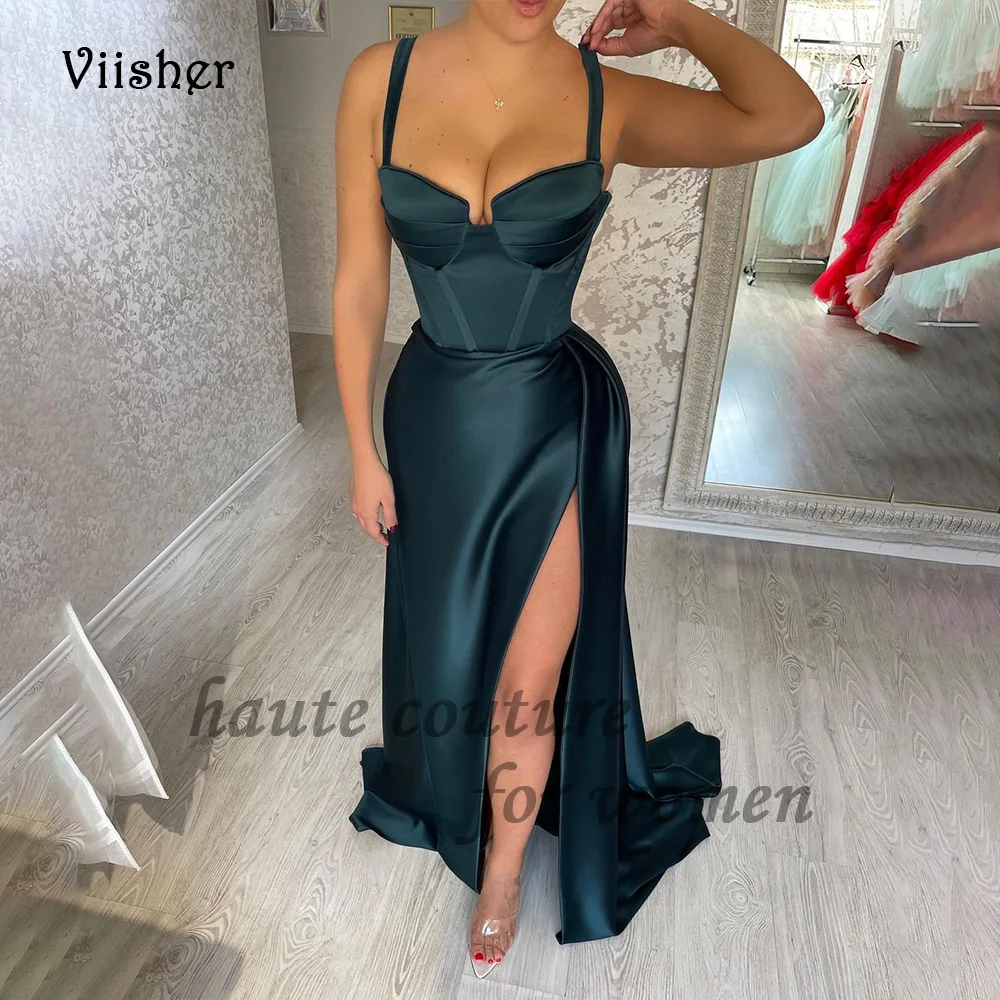 

Navy Blue Satin Mermaid Prom Dresses with Slit Spaghetti Straps Sweetheart Evening Party Dress Floor Length Formal Evening Gowns