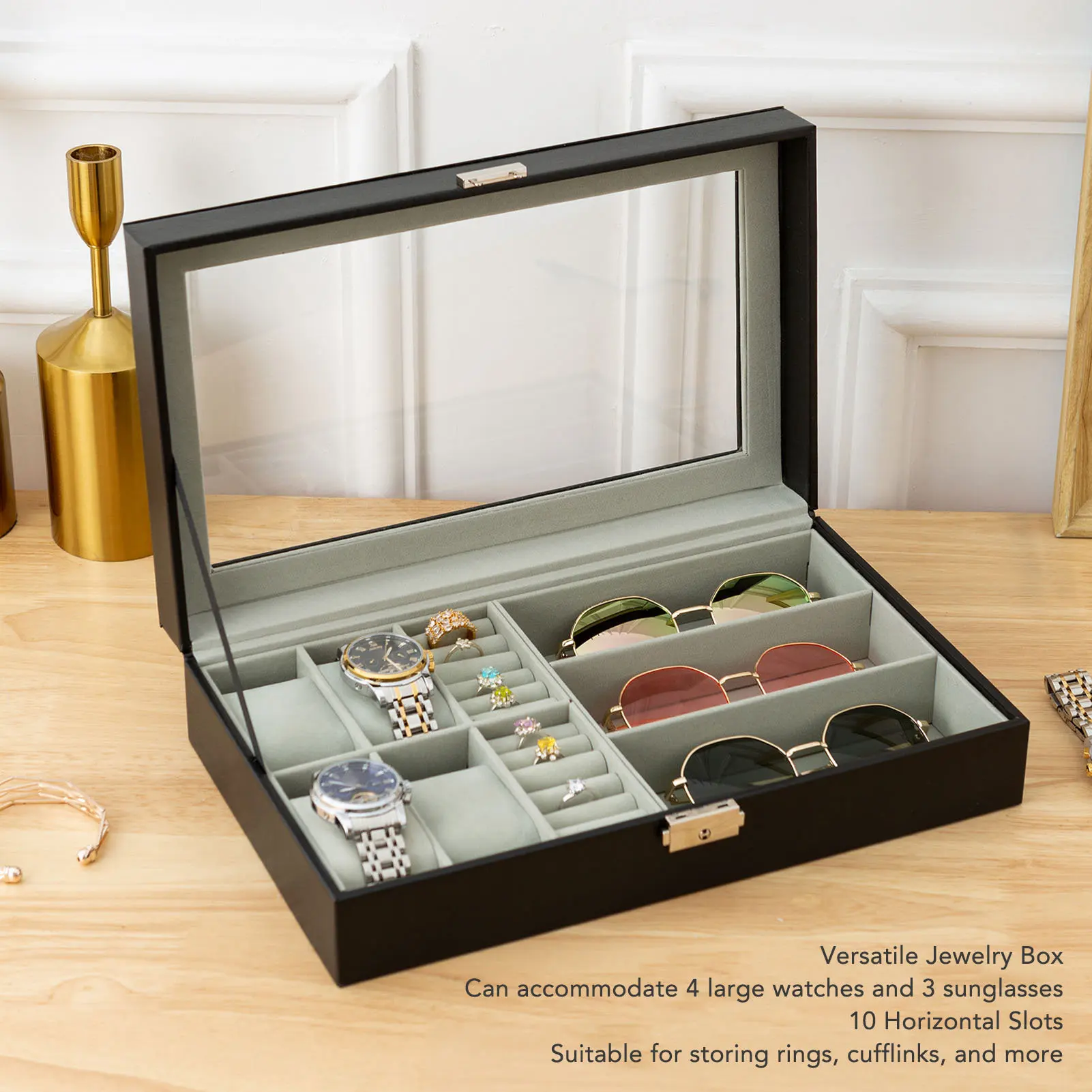 

Men Jewelry Box Watch Glasses Rings Storage Organizer Versatile Jewelry Case with Metal Decoration Men Jewelry Case Glasses Box