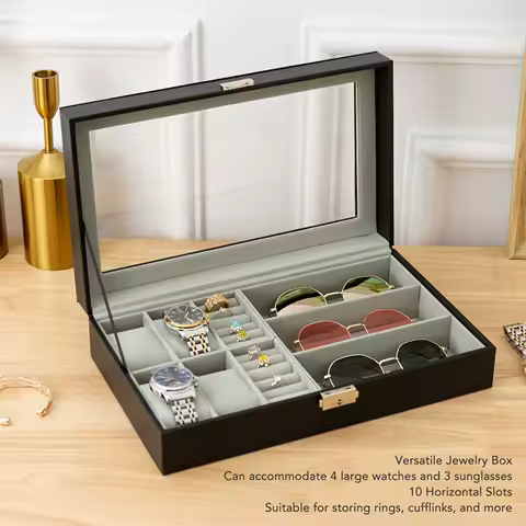 Men Jewelry Box Watch Glasses Rings Storage Organizer Versatile Jewelry Case with Metal Decoration Men Jewelry Case Glasses Box