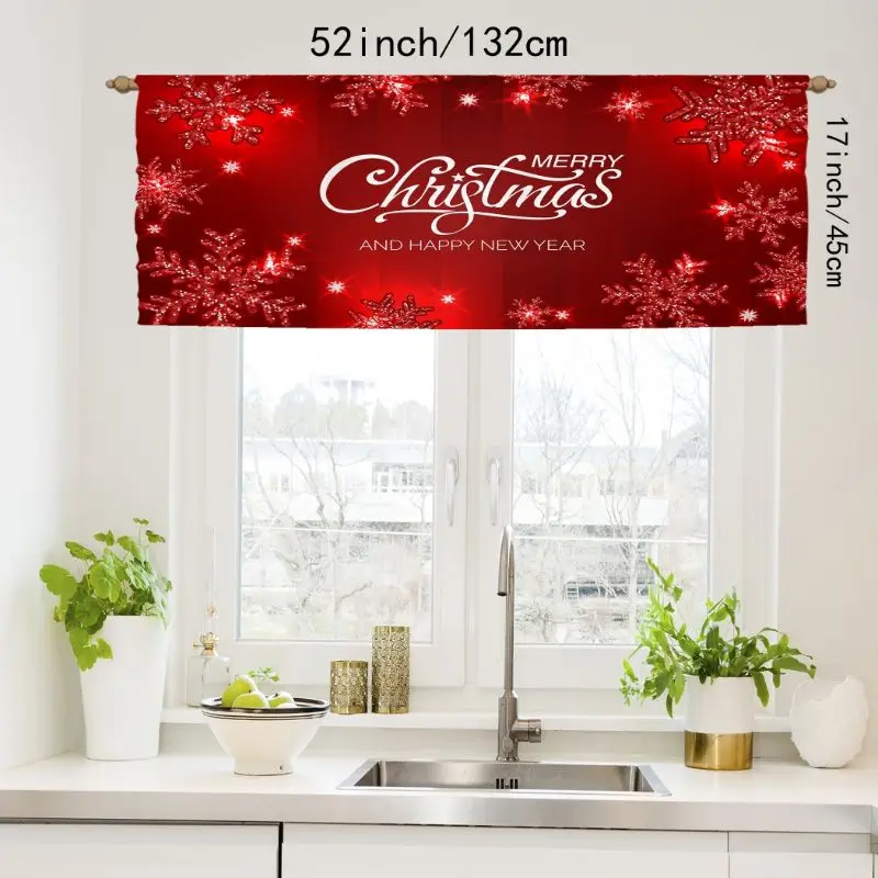 VIKAMA Red Glitter Snowflake Holiday Greetings Happy New Year Christmas Short Window Curtain Elegant Sparkle Festive Home Decor