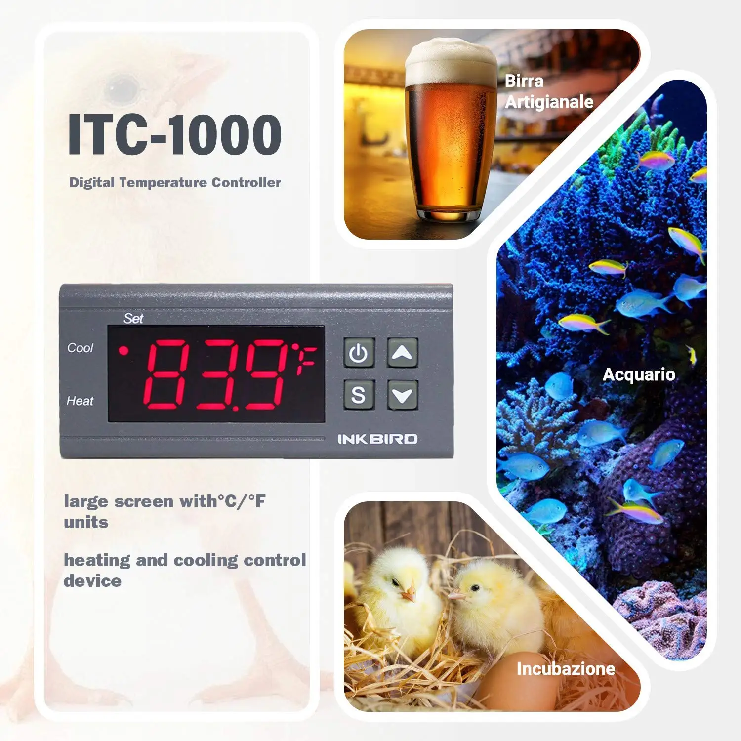 INKBIRD ITC-1000 Digital Temperature Controller All-Purpose Electronic Heating and Cooling Dual Relay Thermostat with NTC Sensor