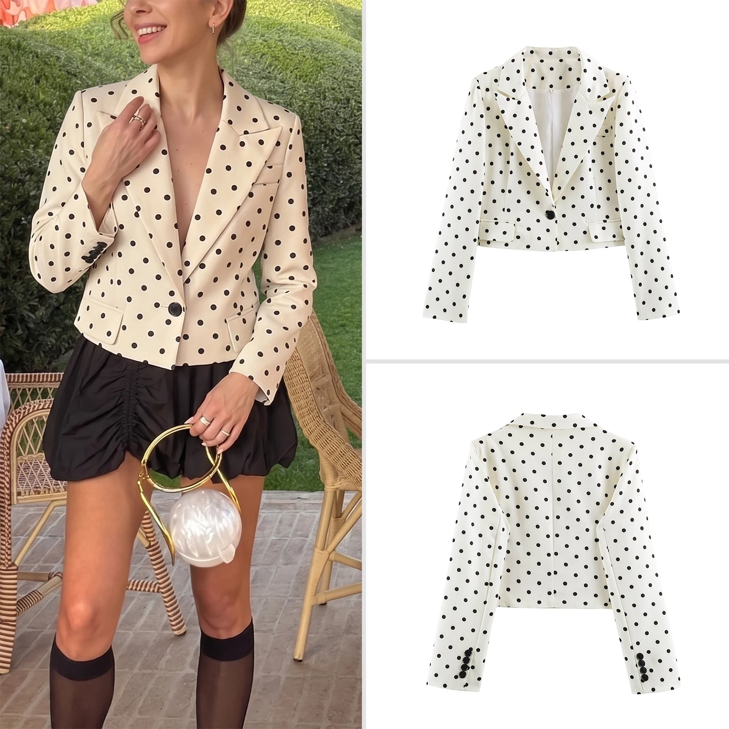 Fashionable Short Printed Checkered Women's Suit Jacket 2026 Autumn Collection Standard Fit Long Sleeve Unique Personality