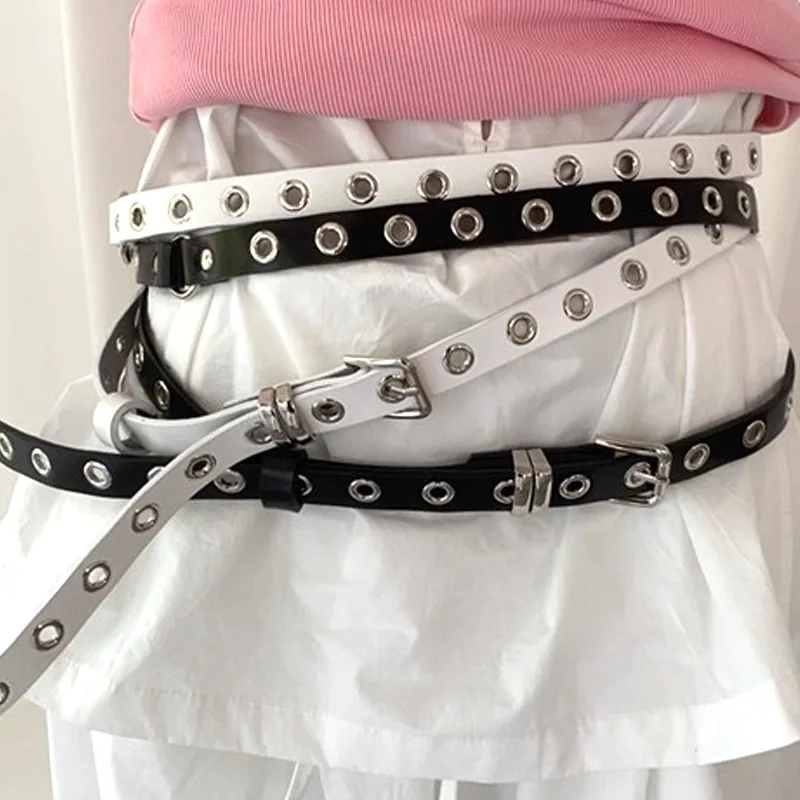 

New Rivet Eyelet PU Leather Waist Belt Double Circle Waist Band Chain Knotted Long Thin Waistband Double Layer Hole Belts Corset