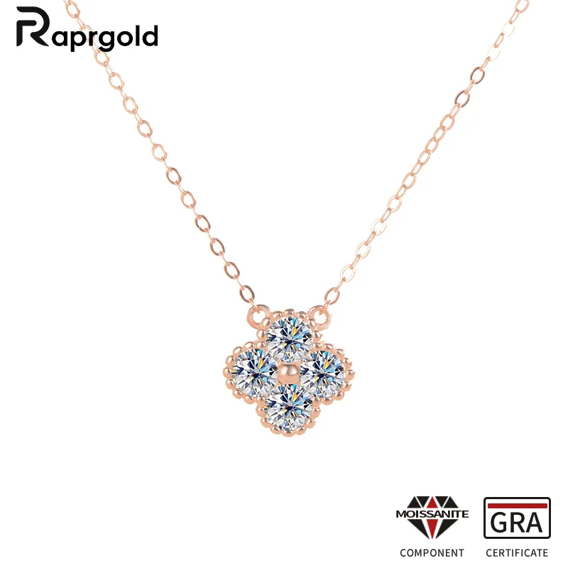

RAPRGOLD GRA Certified 3mm Moissanite Clover Flower Pendant Necklaces for Women S925 Sterling Silver Fine Jewelry Wedding Gifts