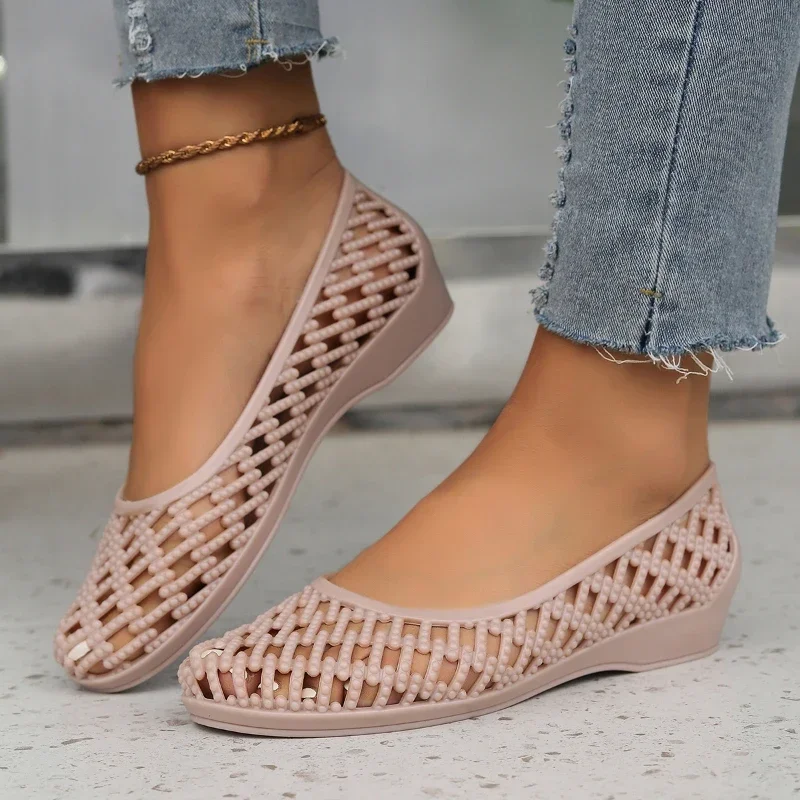 Summer New Casual Fashionable Solid Color Hollow Sandals, Comfortable Non-slip Baotou Women\'s Height Increasing Shoes NO:838-2