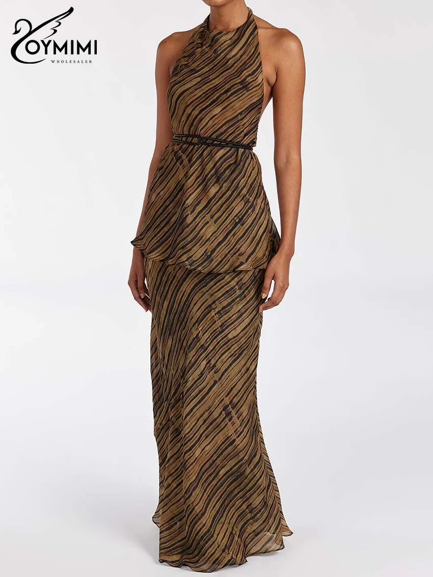 Oymimi Fashion Brown Print Set 2 pezzi Donna Eleagnt Halter Neck Top aperti sul retro + Set gonne dritte a vita alta fino al pavimento