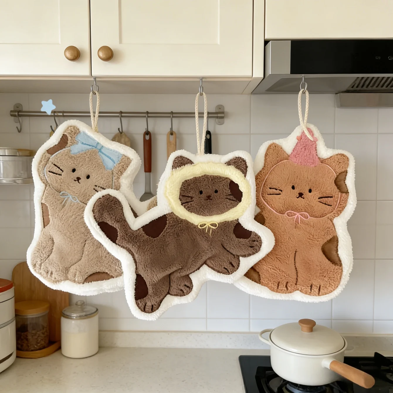 Cute Cat Hanging Hand Dry Towels, Microfiber Coral Velvet Hand Towels Hanging Loop, Absorbent Super Soft Cute Hand Towels