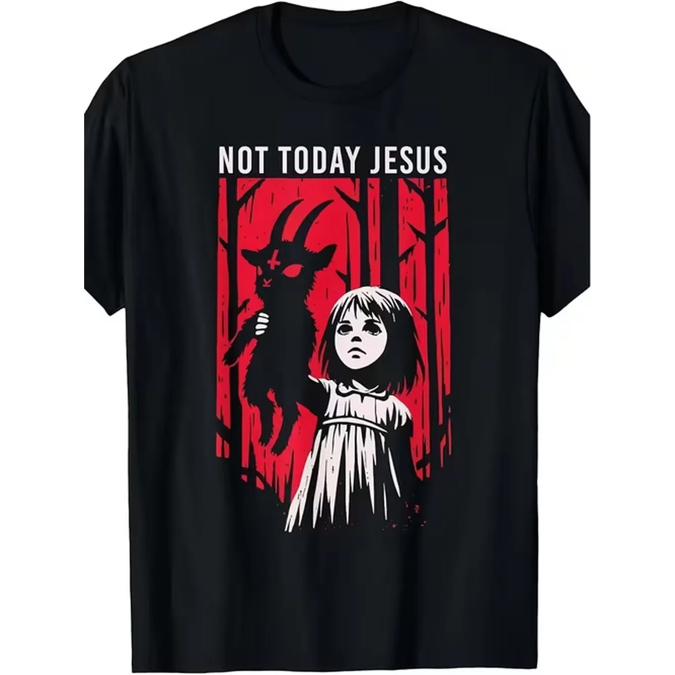 Mens Womens Gothic Not Today Goat Demon Graphic T Shirt Heavyweight 220Gsm Black With White Print Edgy Religious Horror Design Casual Crew Neck Short Sleeve Tee For Teens Vintage Style Stretch Fabric For Teenager
