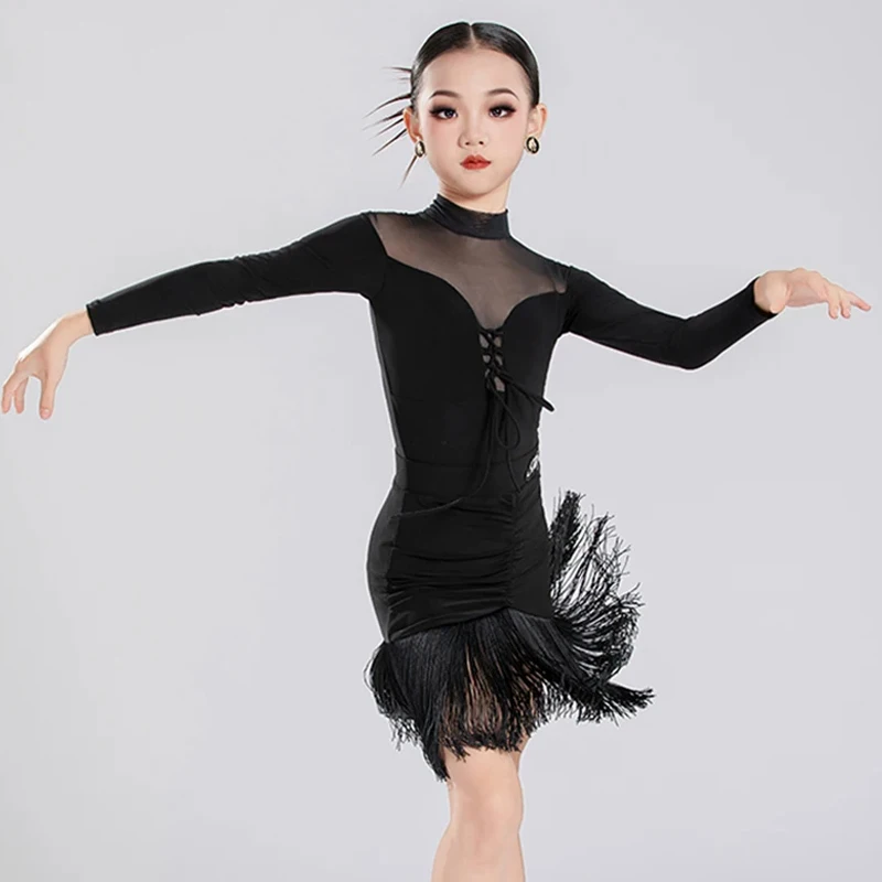 2025 Ragazze Costume da ballo latino Bambini Abbigliamento da prestazione Body a maniche lunghe Gonna con frange Nero Set di pratica latina VDL4778