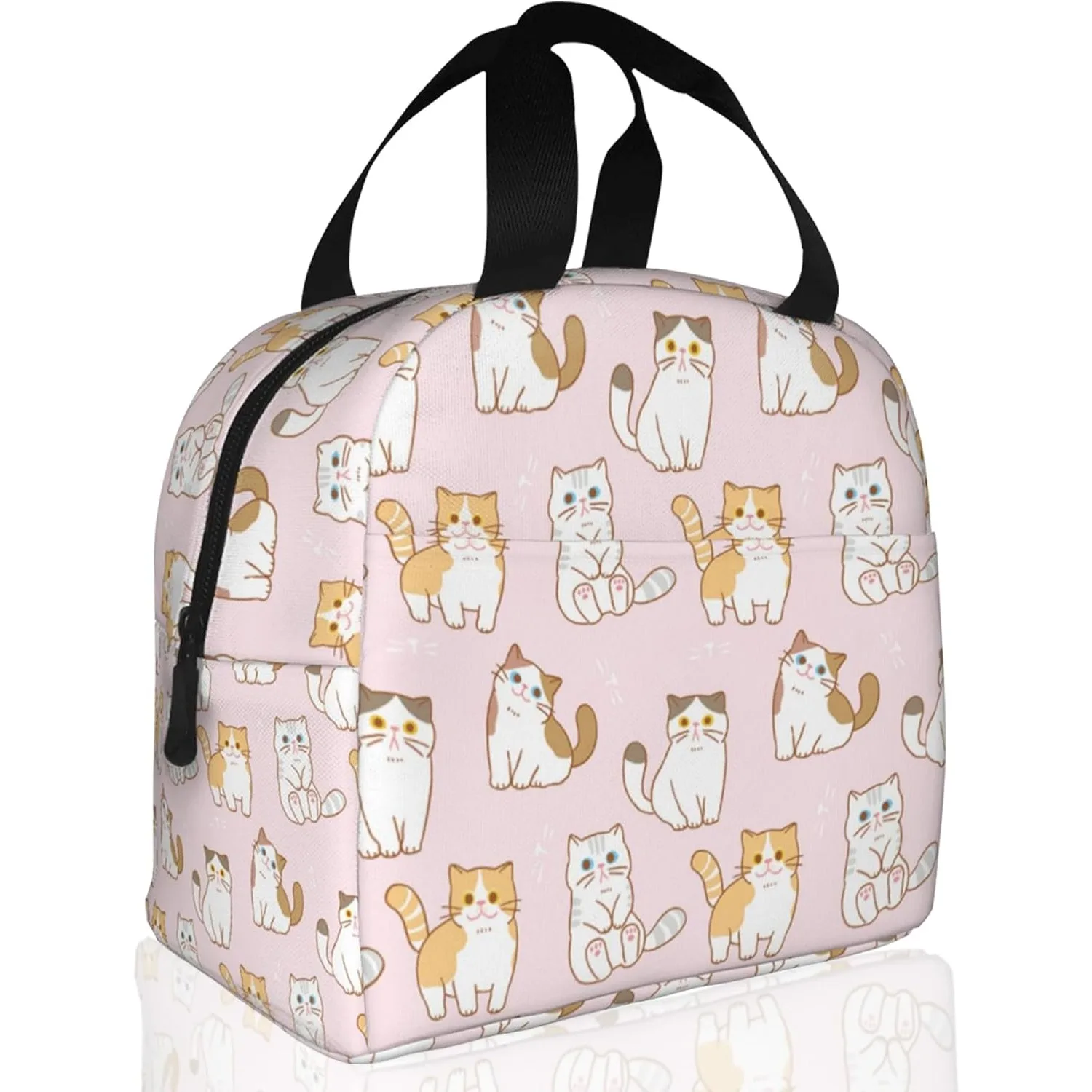 Cute Cartoon Cat Pink Lunch Box,Insulated Lunch Bag for Girls Boys,Reusable Lunch Box for Kids Adults School Student Work