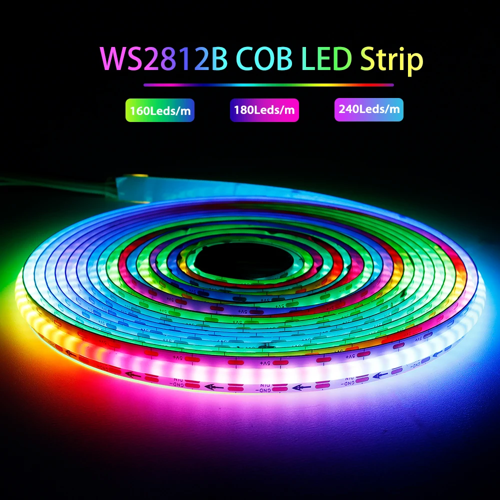 WS2812B Taśma LED COB Indywidualnie adresowalna 160/180/240 diod LED/m Elastyczna taśma WS2812 o wysokiej gęstości Smart RGB Dream Color Tape DC5V