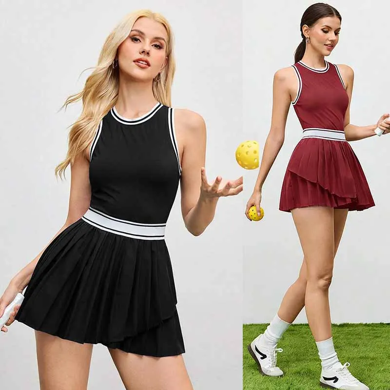 Summer Pleated Tennis Dress for Women with Shorts Bra Padded Ladies Sleeveless Workout Golf Dresses Striped Slim Skirts