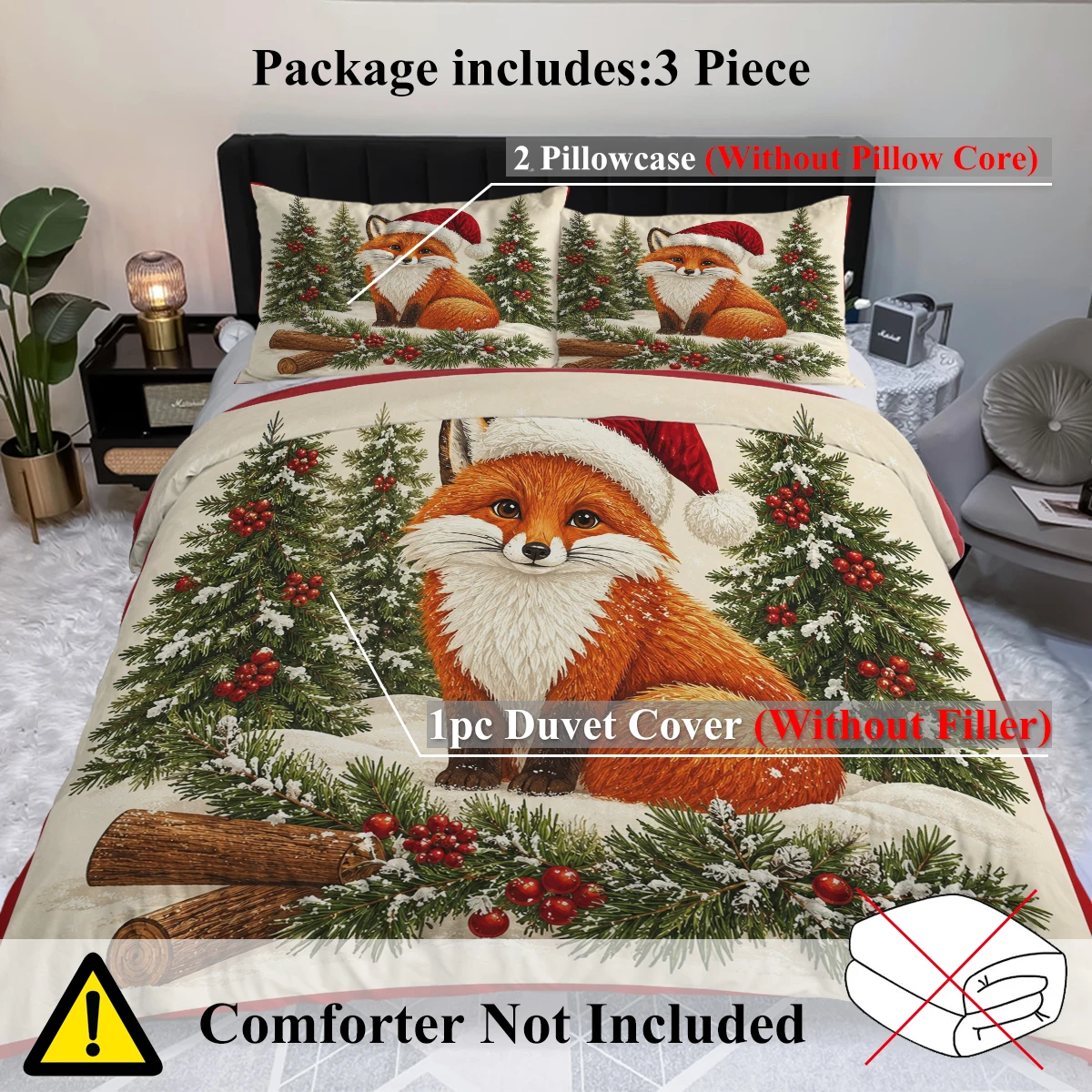 3PCS Christmas Animal Duvet Cover Set,Fox Chicken Corgi Highland Cow Dachshund Reindeer Xmas Print Bedding With Pillowcases