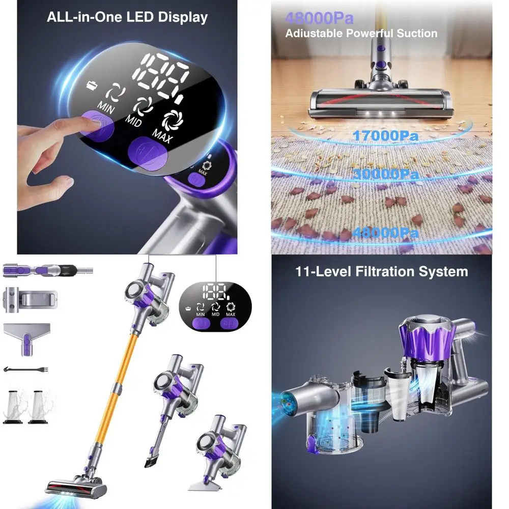 

Мощный беспроводной вертикальный пылесос 450 Вт, 50 кПа, 70 минут работы от аккумулятора, идеально подходит для твердых полов, ковров и удаления шерсти животных.