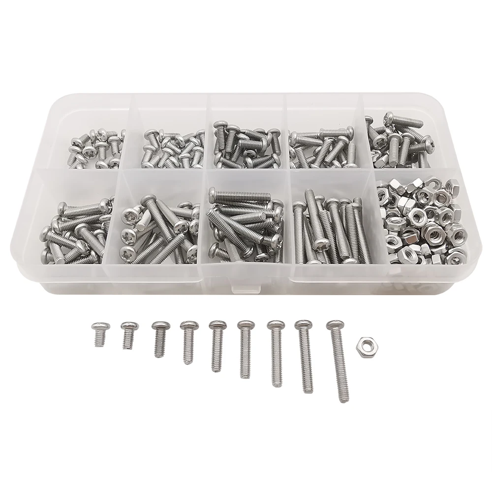 340Pcs M3 Stainless Steel Pan Head Phillips Screw Nuts Bolt Assortment Kit M3x5-M3x20mm Cross Screws for Repairs Projects DIY