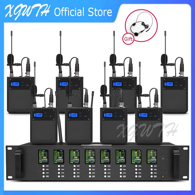 

UHF Wireless Microphone System 8 Channel Lavalier Lapel Mic 8 Headset Mic Bodypack Transmitter for Audio Church Karaoke Stage