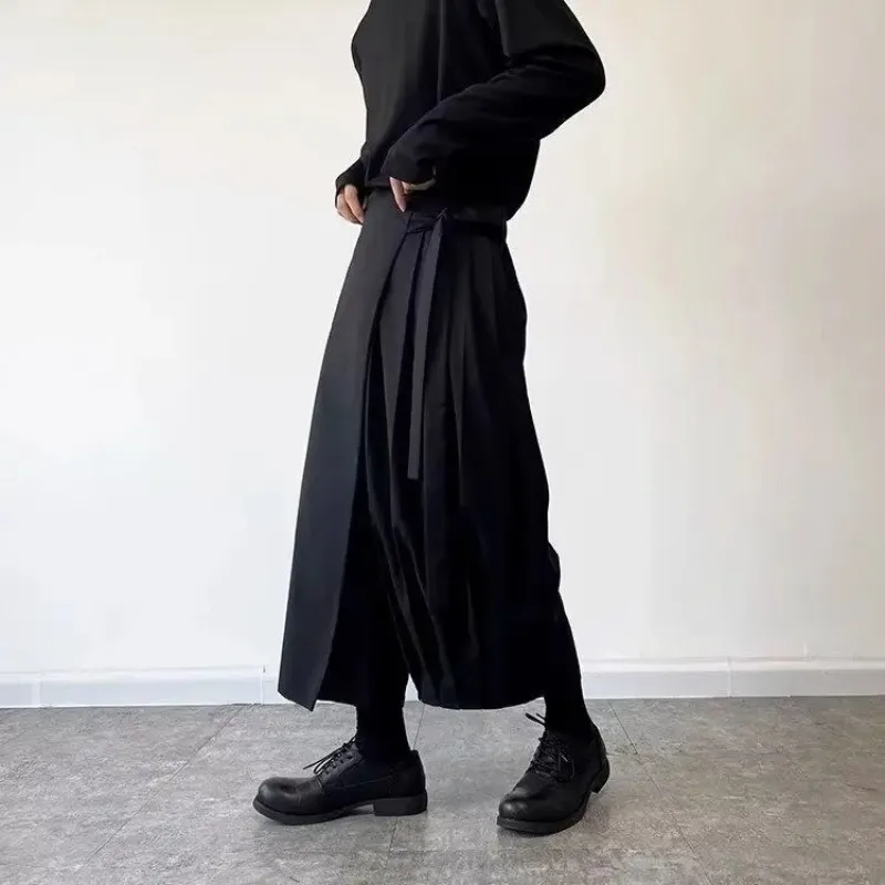 للجنسين Y2K واسعة الساق تنورة السراويل للرجال والنساء الأسود Harajuku الساموراي هاكاما نمط اليابانية YY تصميم بناطيل كاجوال