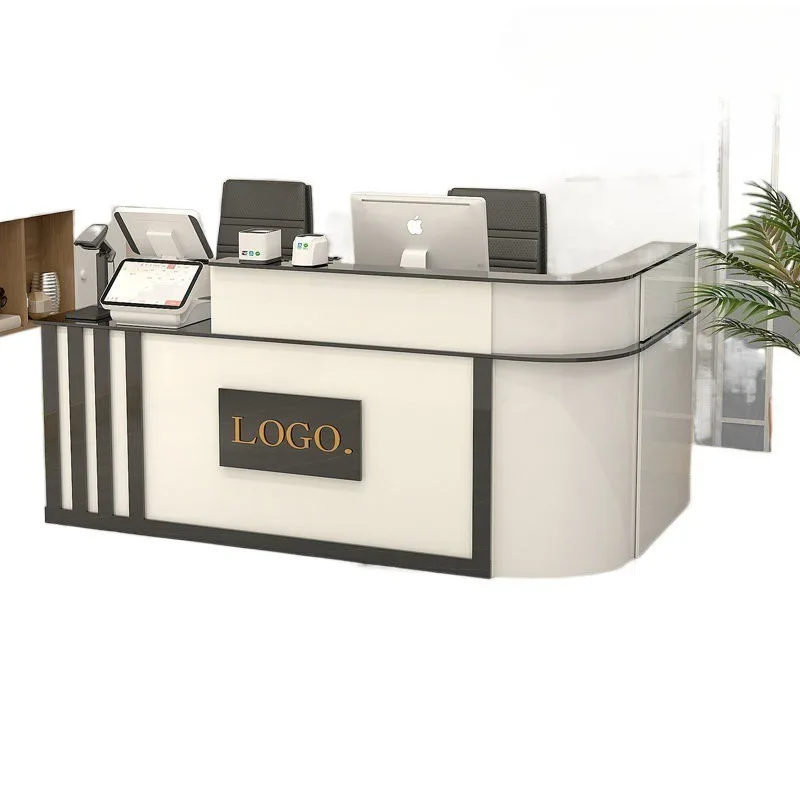 Minimalist modern curved bar counter, semi-rounded corner reception counter, company front desk, store cashier, corner