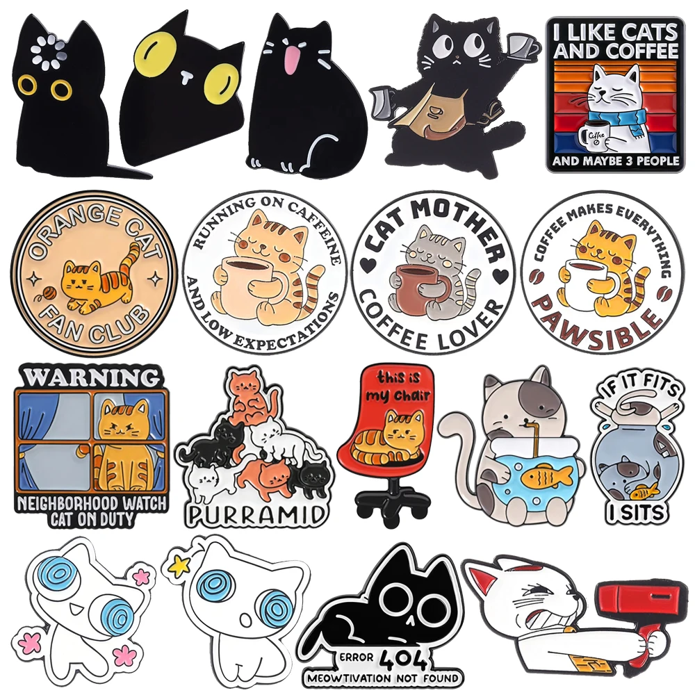 Cartoon Coffee Cat Enamel Brooch Lapel Pin Fish Tank Hair Dryer Window Sill Sword Cute Pet Cat Metal Badge Jewelry Friend Gift