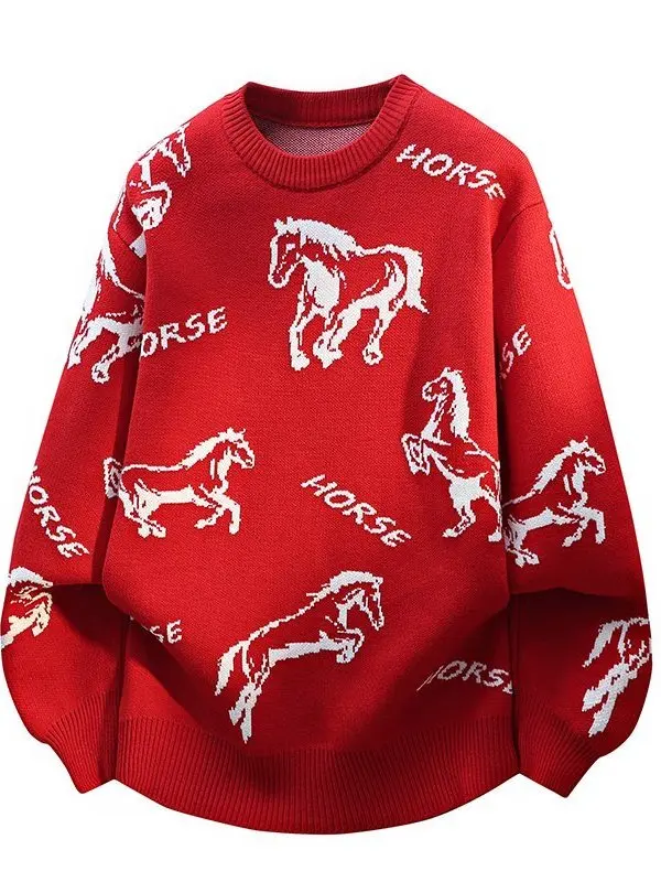 

Красный вязаный свитер мужской с круглым вырезом, с вышивкой, повседневный, для пар, осенне-зимний, модный хит