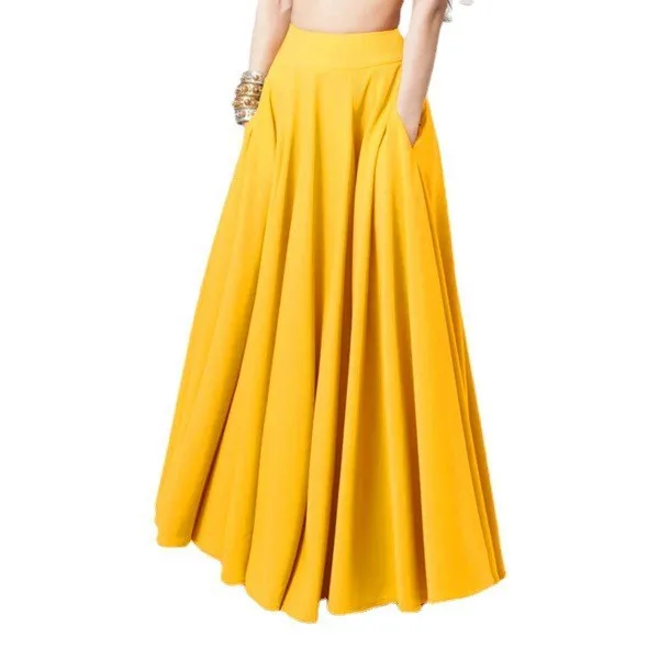 Women's Solid Color Skirt High Waist Black Pleated Skirt Casual Pocket Maxi Long Skirt Wide Leg Red Midi Skirt A Line Yellow