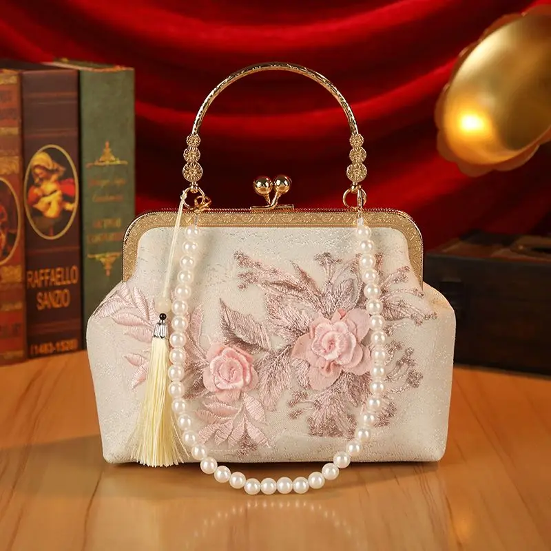 Wedding Bags Beading Top Handle Bag Embroidery Flowers Bags Vintage Women's Handbags Women Shoulder Crossbody Bag Chain Strap image 2