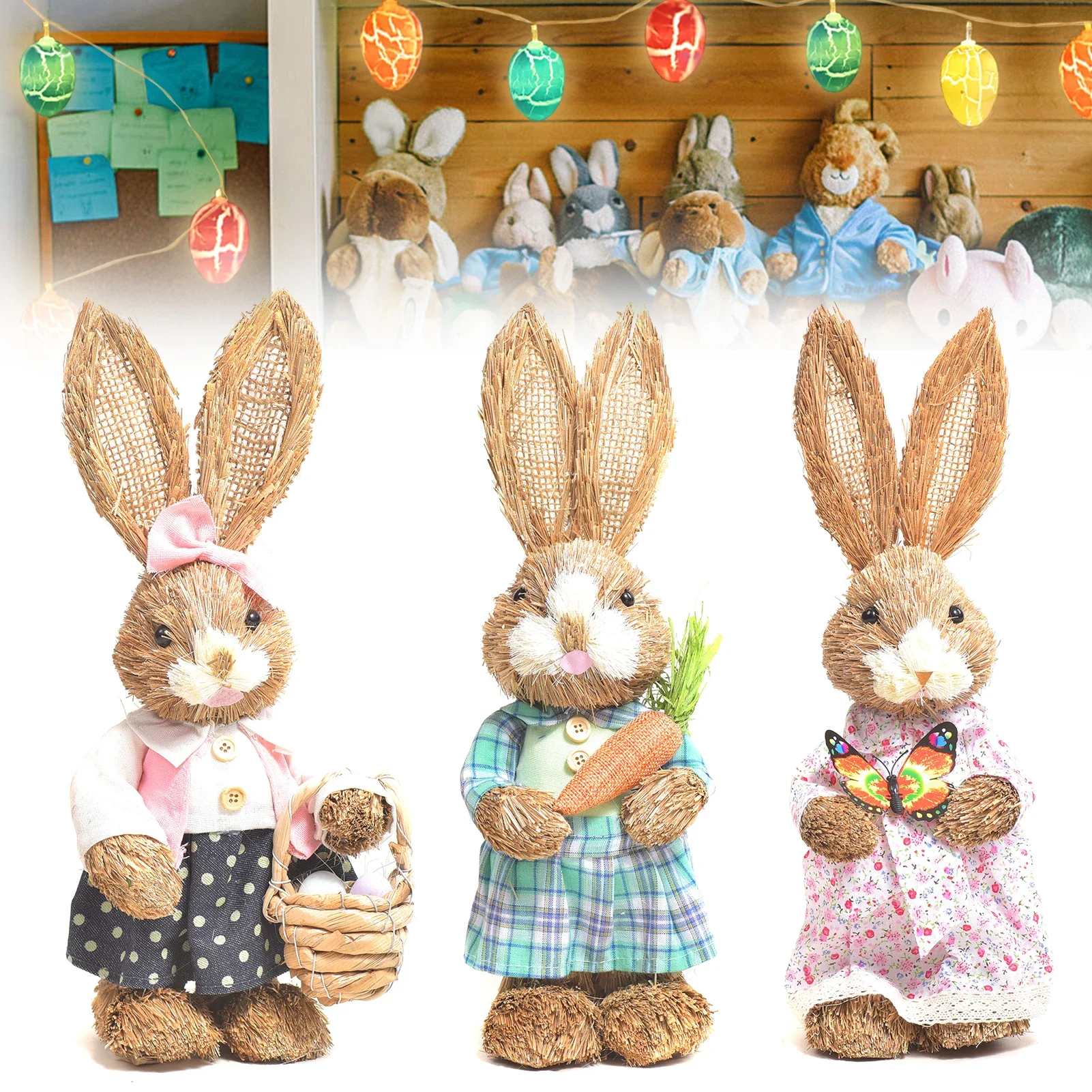 Easter Rabbit Decoration Bunny Figure Cattail Craft Ornament Home Holiday Cute Bunny Home Decoration Easter Rabbit Decoration