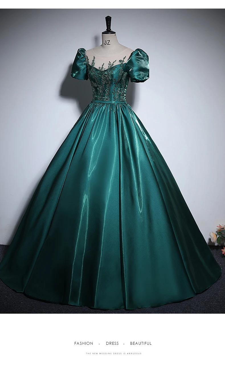 dark green beading applique ball gown veil bubble sleeve court medieval dress renaissance Gown queen Victorian /Marie/drama/